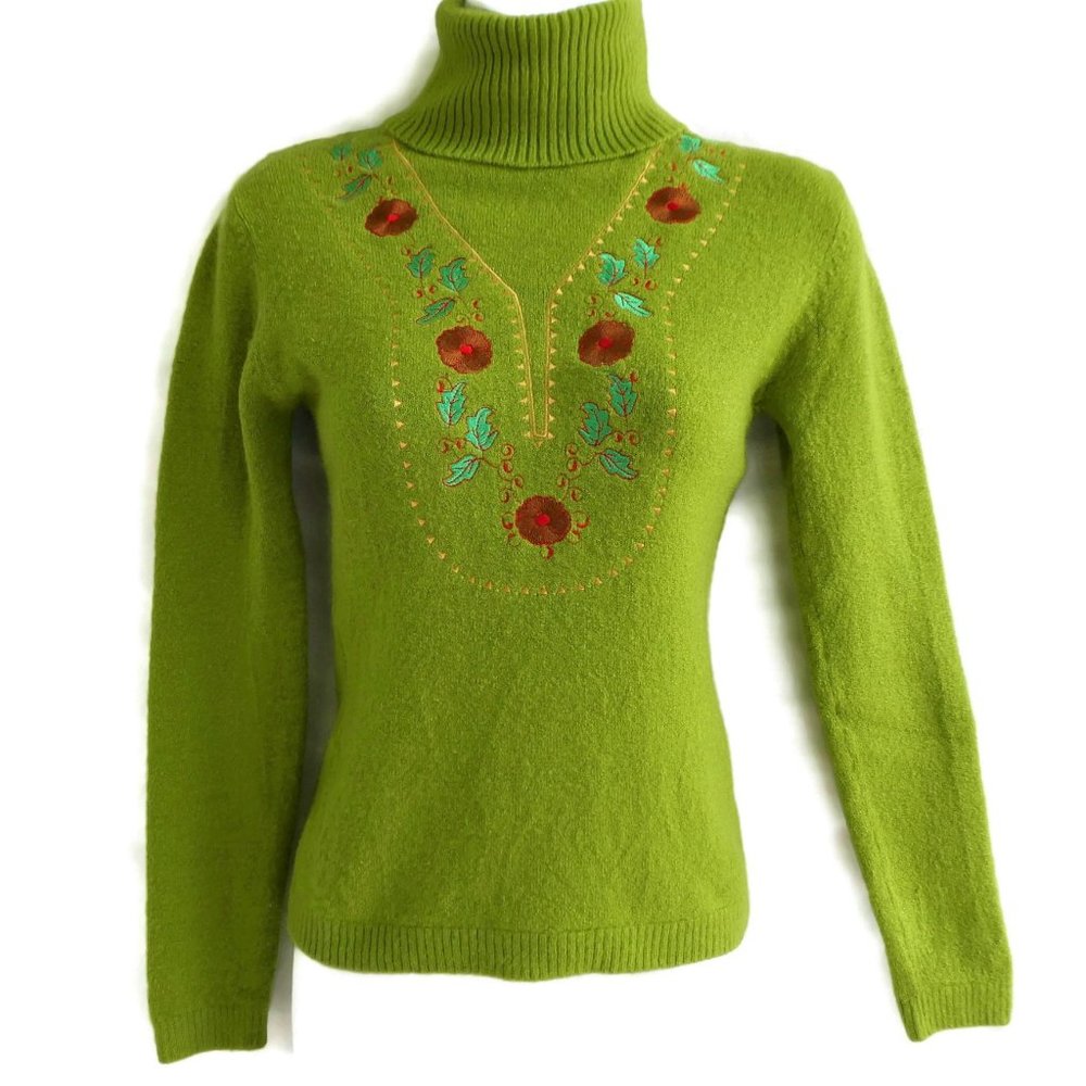 Vintage Pullover Sweater Turtleneck Lime Green Floral Embroidered Fitted